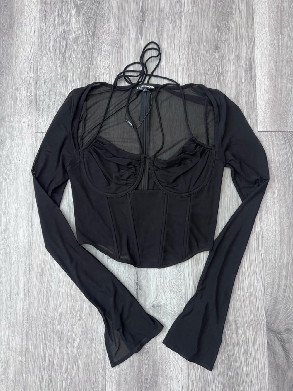 Fashion Nova Black Long-Sleeve Mesh Bustier Crop Top